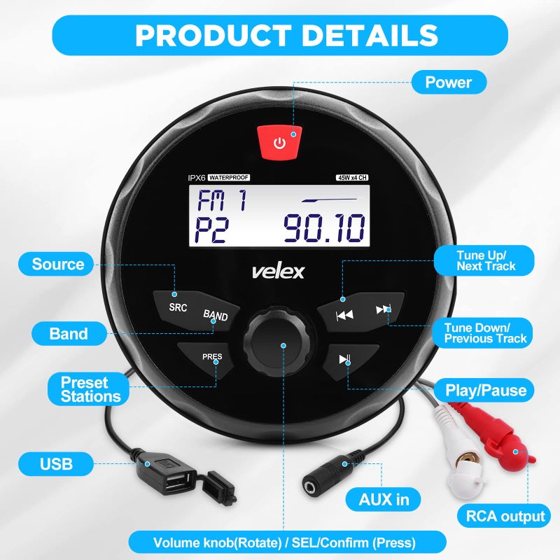 Velex Marine Stereo Speaker Package Bluetooth, MP3 USB AM FM Marine Stereo - 2 x 6.5 Inch Black Speakers, Antenna - Image 4